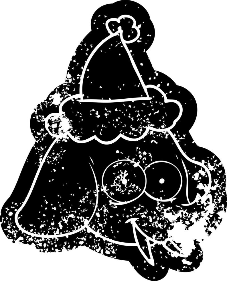 cartoon distressed icon of a elephant face wearing santa hat vector