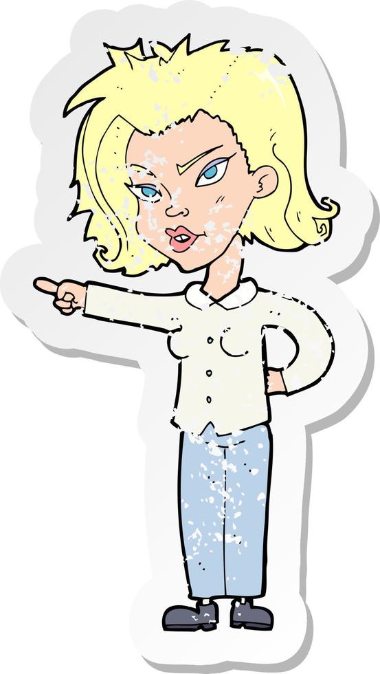 retro distressed sticker of a cartoon woman pointing vector