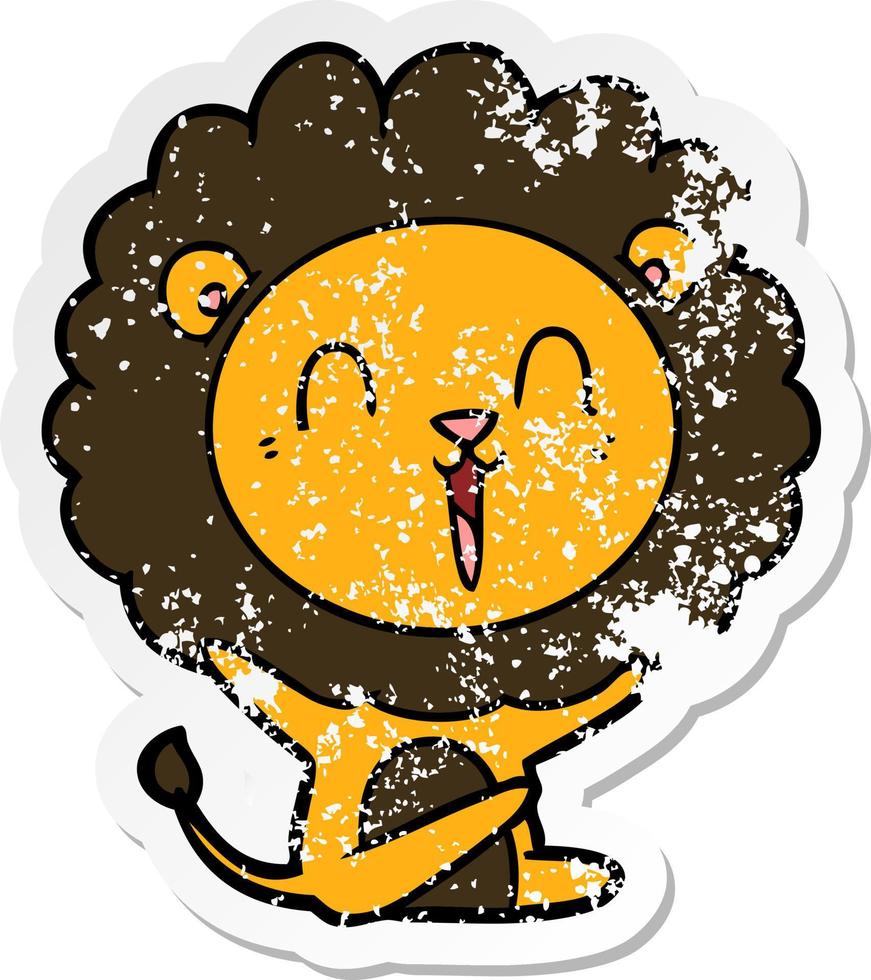 distressed sticker of a laughing lion cartoon vector