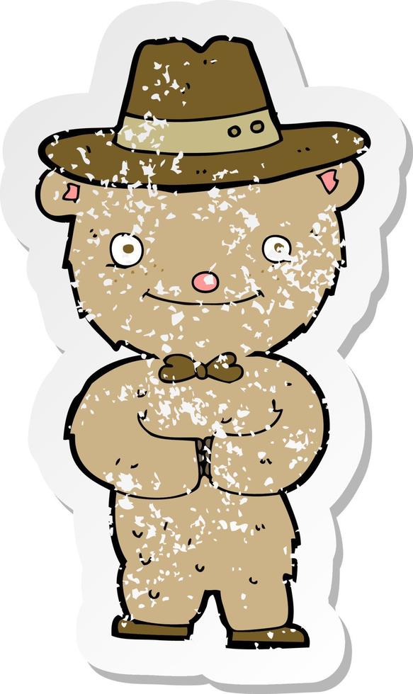 retro distressed sticker of a cartoon bear in hat vector