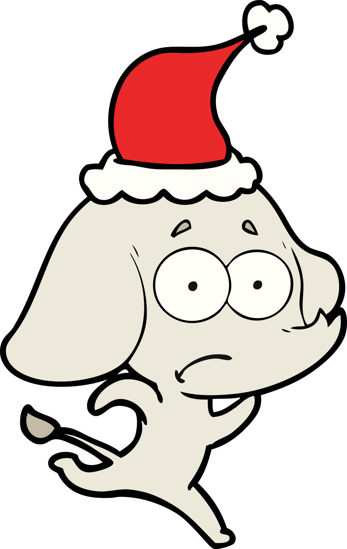 line drawing of a unsure elephant running away wearing santa hat