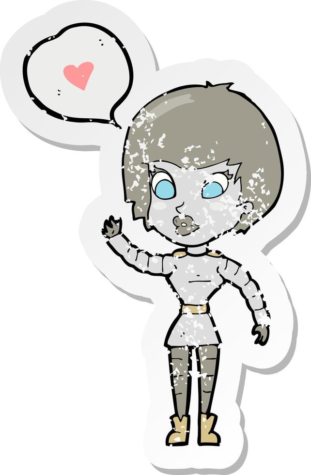 retro distressed sticker of a cartoon robot woman vector