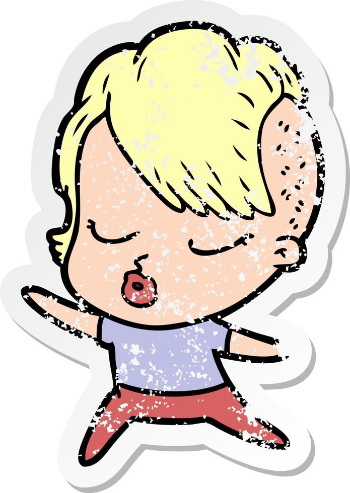 distressed sticker of a cartoon pretty hipster girl vector