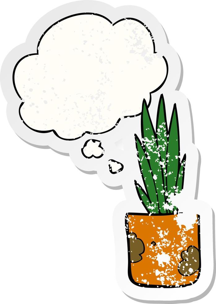 cartoon house plant and thought bubble as a distressed worn sticker vector