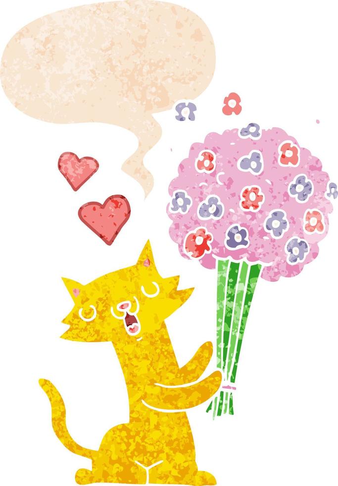 cartoon cat in love with flowers and speech bubble in retro textured style vector