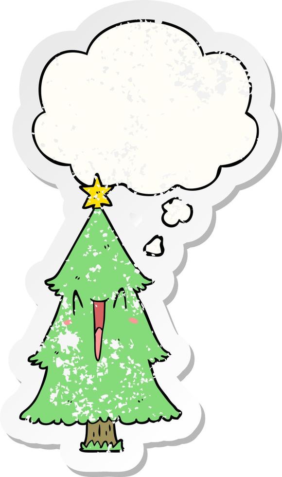 cartoon christmas tree and thought bubble as a distressed worn sticker vector