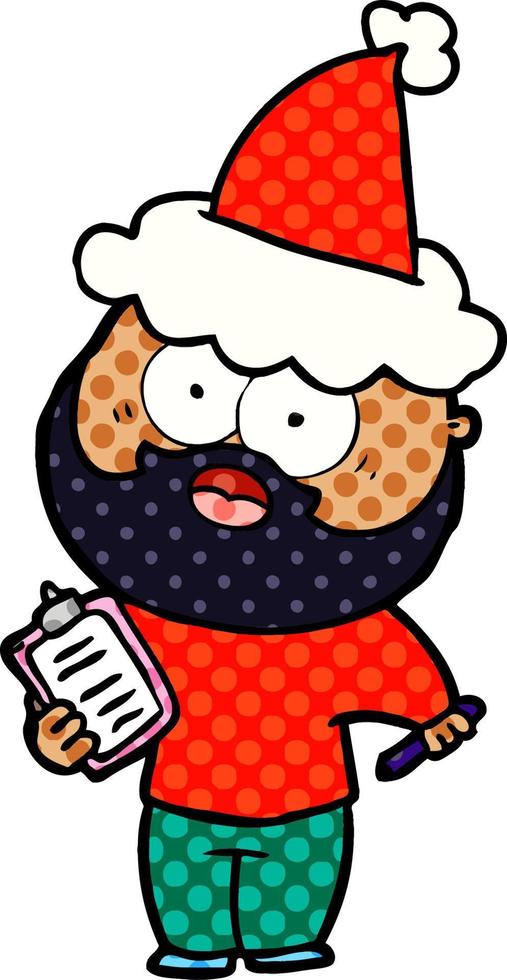 comic book style illustration of a bearded man with clipboard and pen wearing santa hat vector