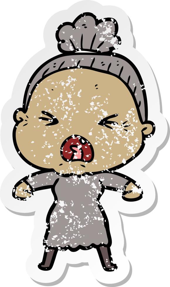 distressed sticker of a cartoon angry old woman vector