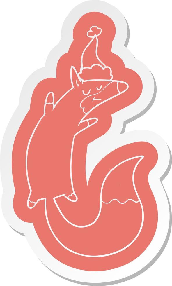 cartoon  sticker of a jumping fox wearing santa hat vector
