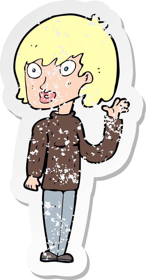 retro distressed sticker of a cartoon waving woman vector