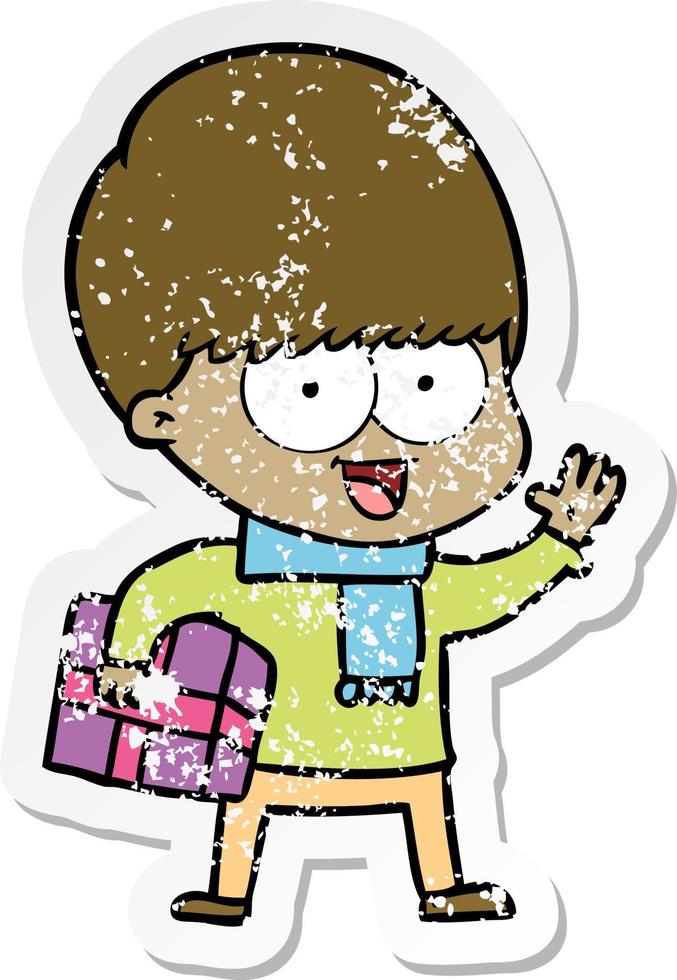 distressed sticker of a happy cartoon boy with present vector