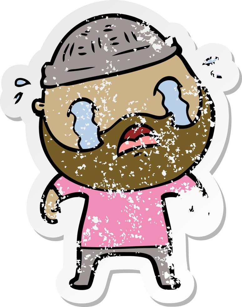 distressed sticker of a cartoon bearded man crying vector