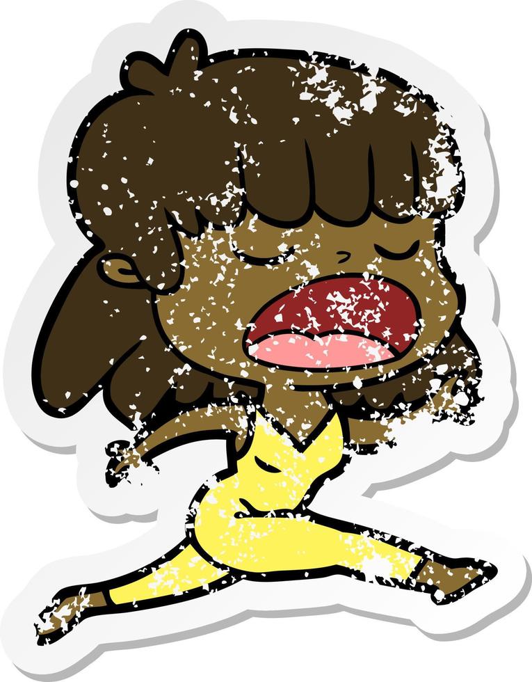 distressed sticker of a cartoon woman talking loudly vector