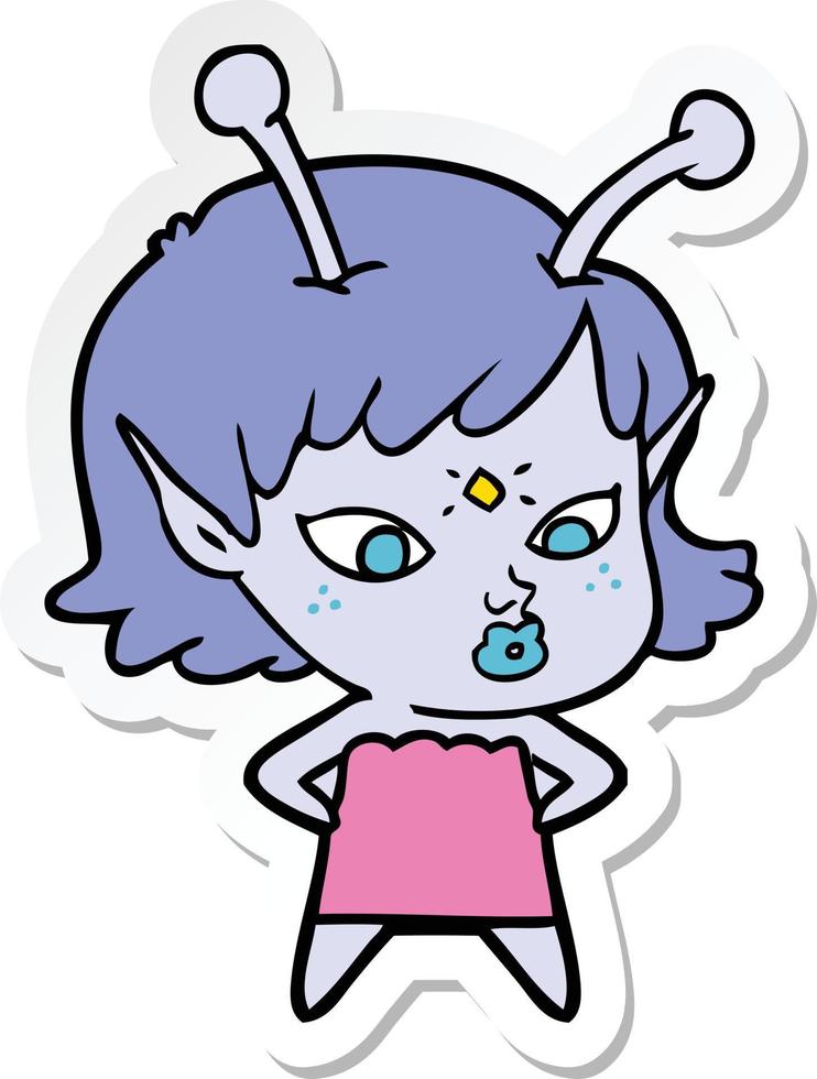 sticker of a pretty cartoon alien girl vector