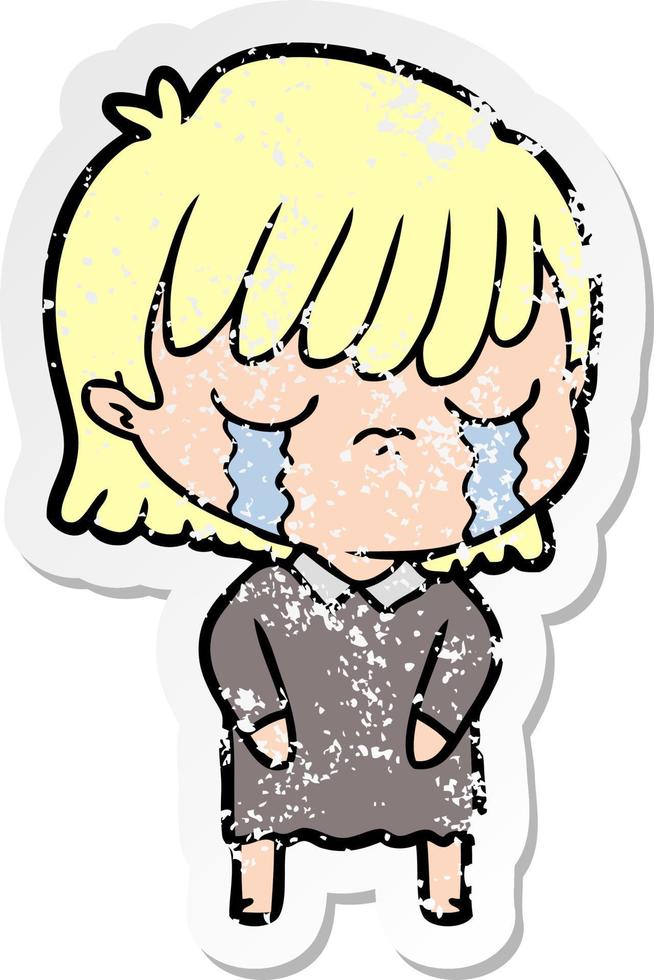 distressed sticker of a cartoon woman crying vector