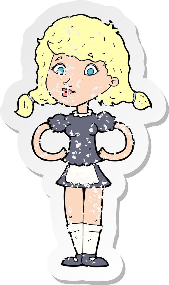 retro distressed sticker of a cartoon happy waitress woman vector