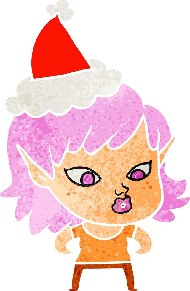 bonita caricatura retro de una chica duende con gorro de Papá Noel vector