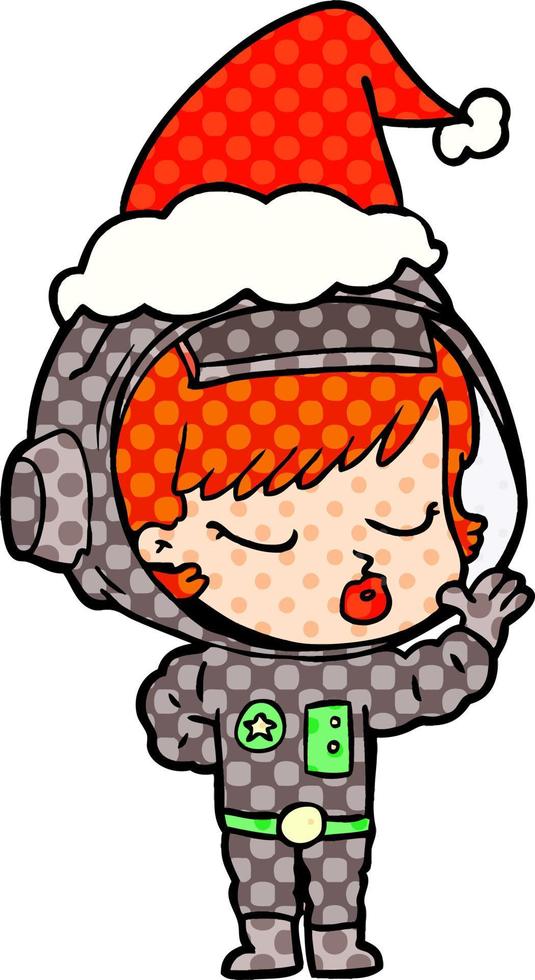 comic book style illustration of a pretty astronaut girl wearing santa hat vector