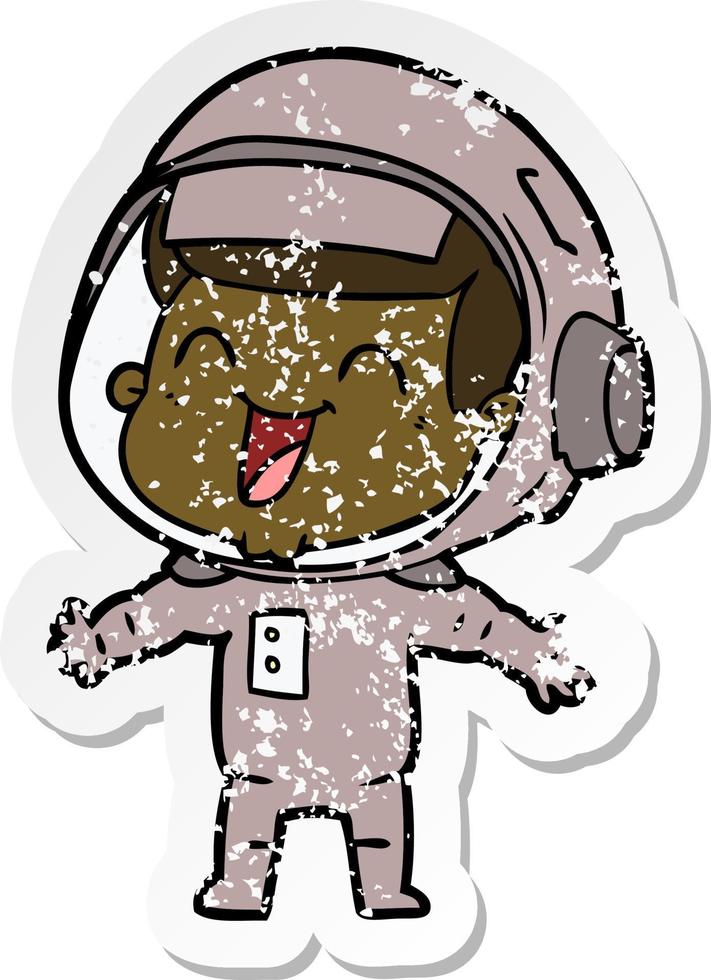 distressed sticker of a happy cartoon astronaut vector