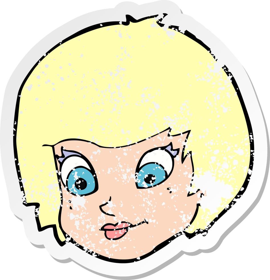 retro distressed sticker of a cartoon female face vector