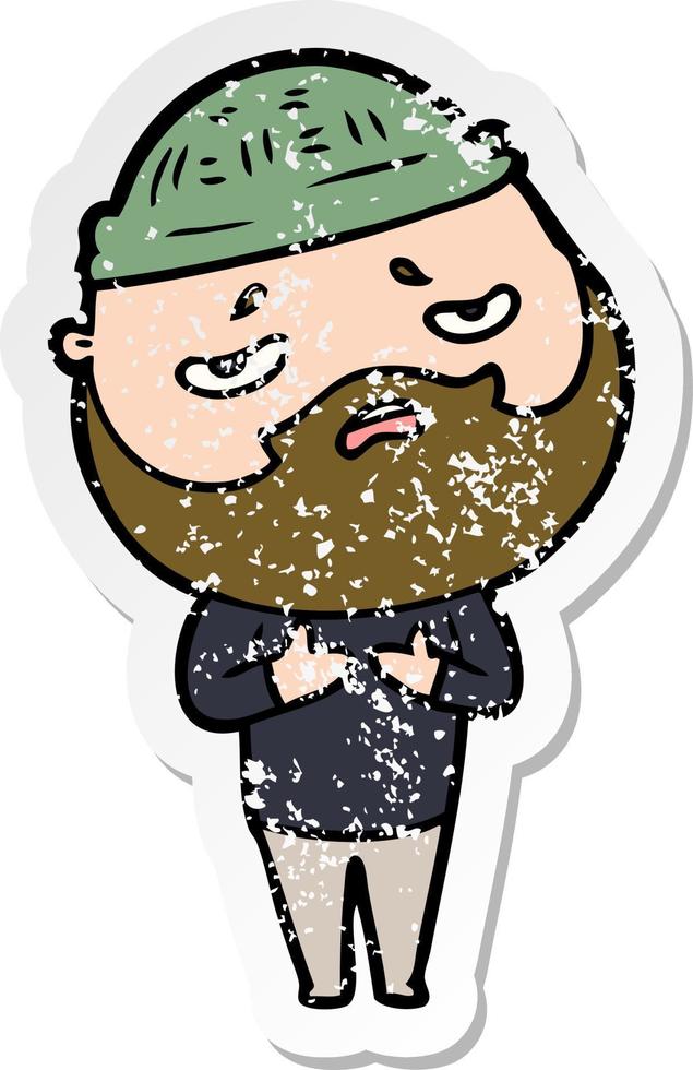 distressed sticker of a cartoon worried man with beard vector