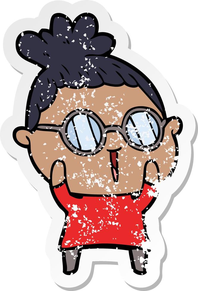 distressed sticker of a cartoon woman wearing spectacles vector