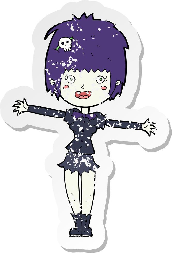 retro distressed sticker of a cartoon happy vampire girl vector