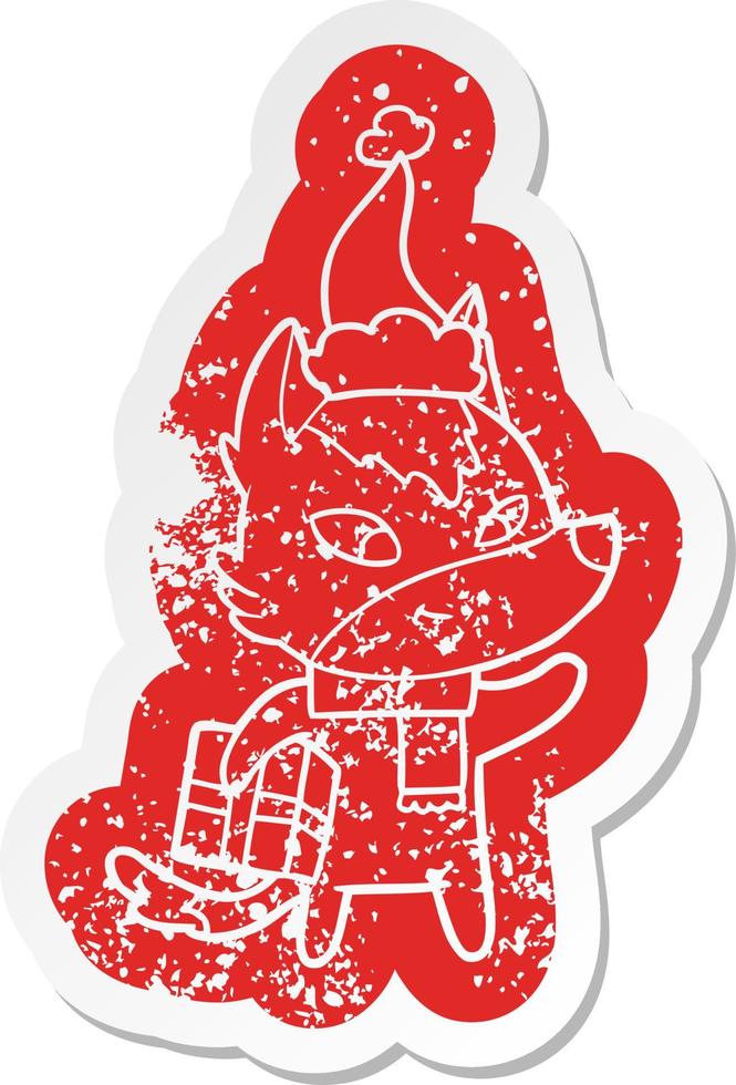 friendly cartoon distressed sticker of a christmas wolf wearing santa hat vector