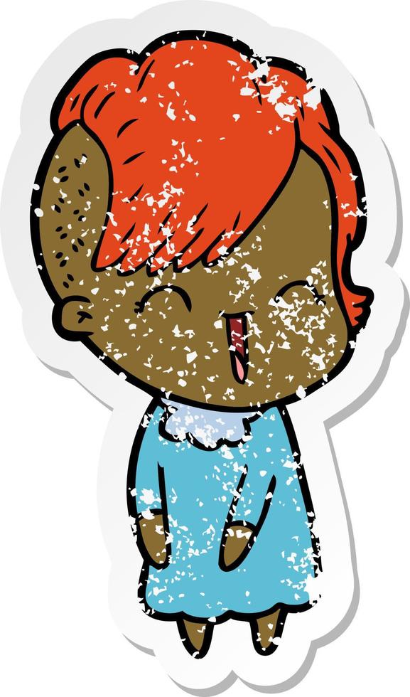 distressed sticker of a happy cartoon hipster girl vector