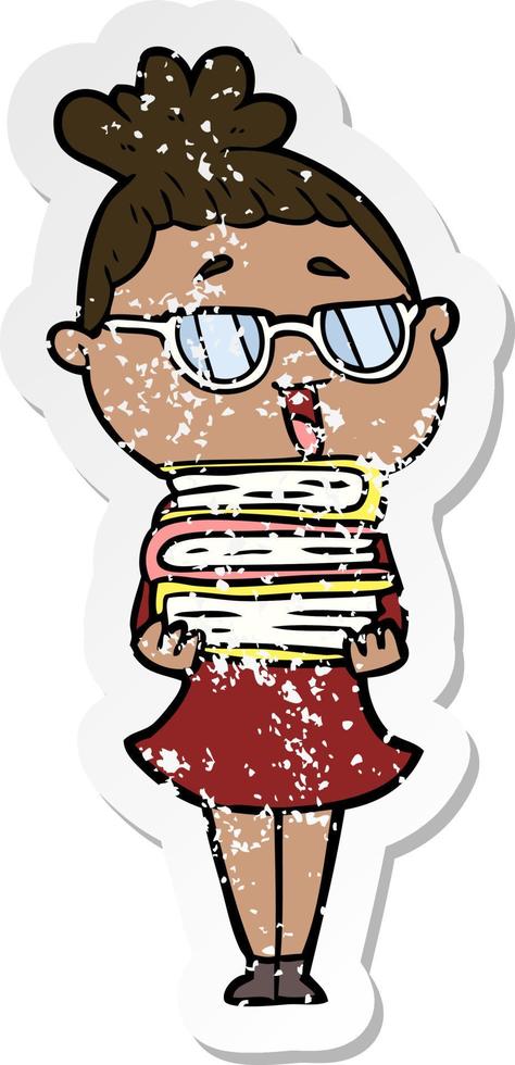 distressed sticker of a cartoon happy woman wearing spectacles vector