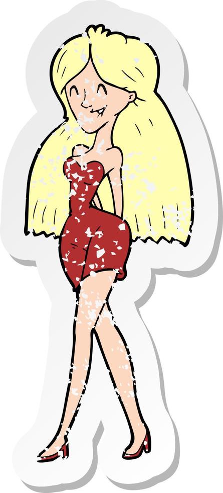 pegatina retro angustiada de una mujer de dibujos animados vestida vector