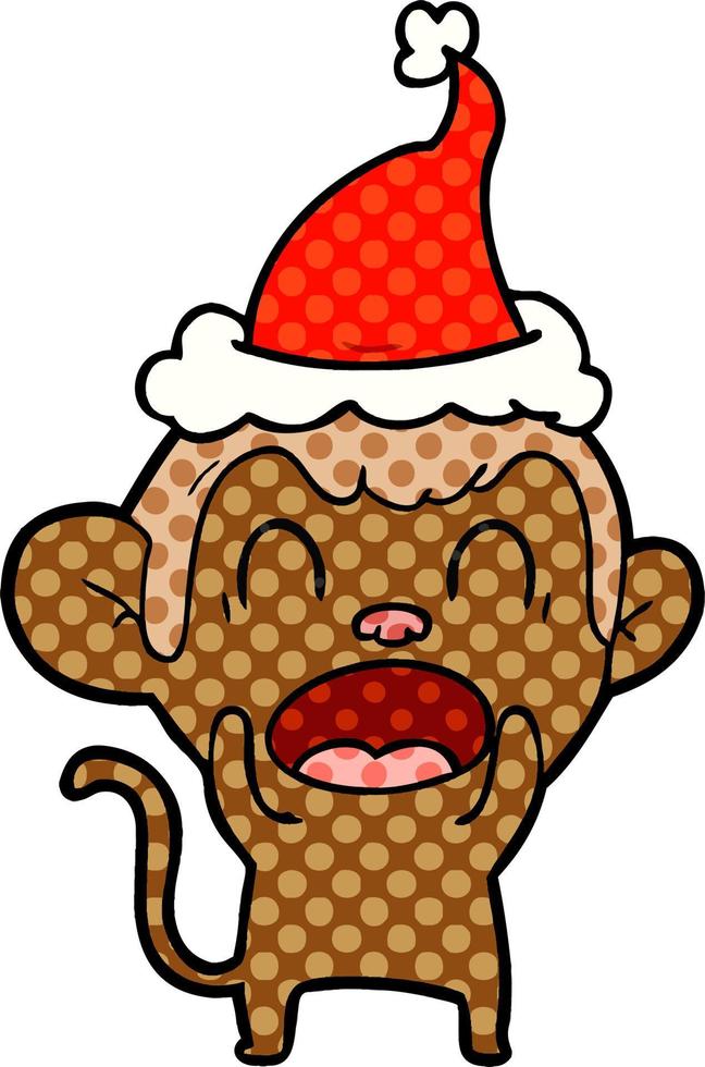 shouting comic book style illustration of a monkey wearing santa hat vector