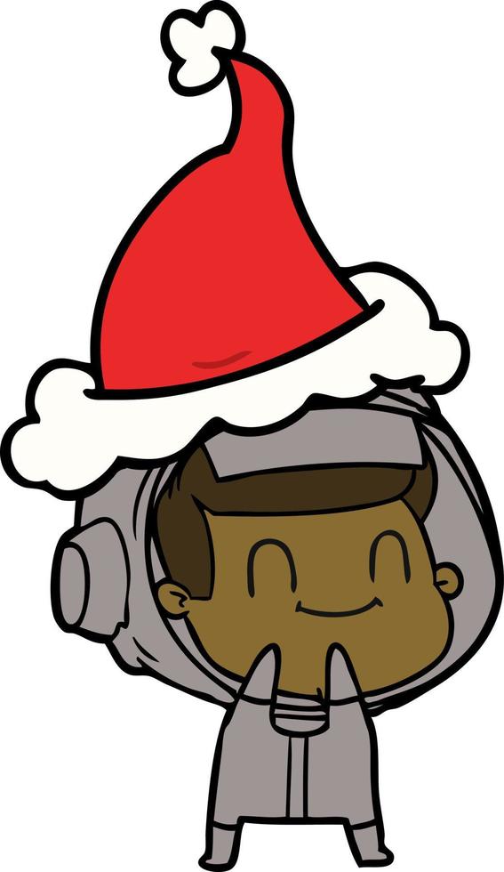 happy line drawing of a astronaut wearing santa hat vector