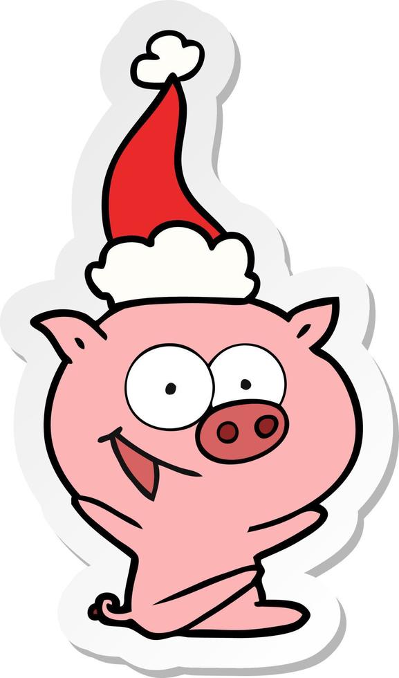 cheerful sitting pig sticker cartoon of a wearing santa hat vector
