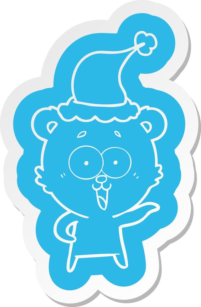 laughing teddy  bear cartoon  sticker of a wearing santa hat vector