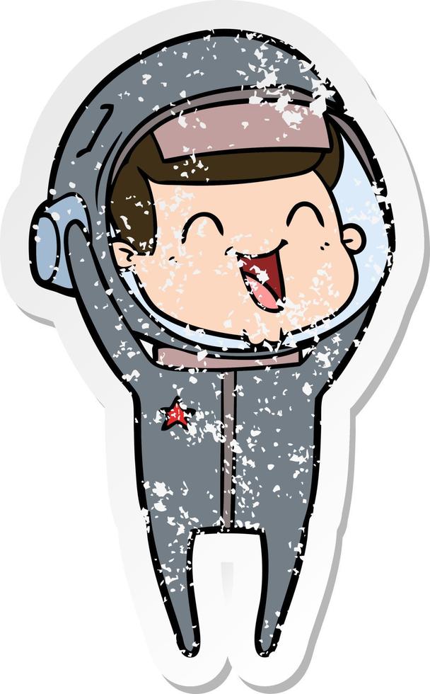 distressed sticker of a happy cartoon astronaut vector