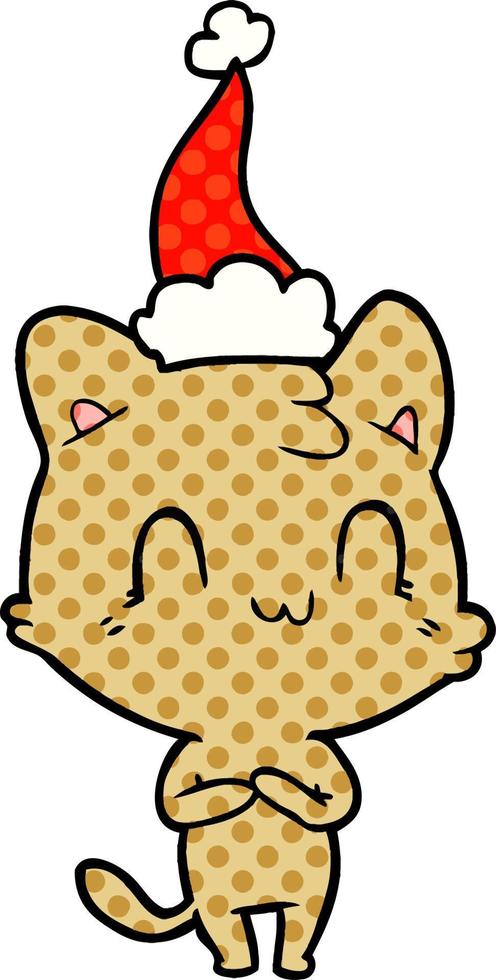 ilustración de estilo cómic de un gato feliz con sombrero de santa vector