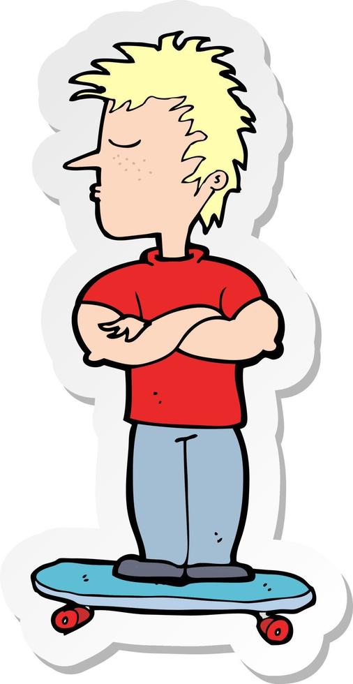 sticker of a cartoon arrogant boy on skateboard vector