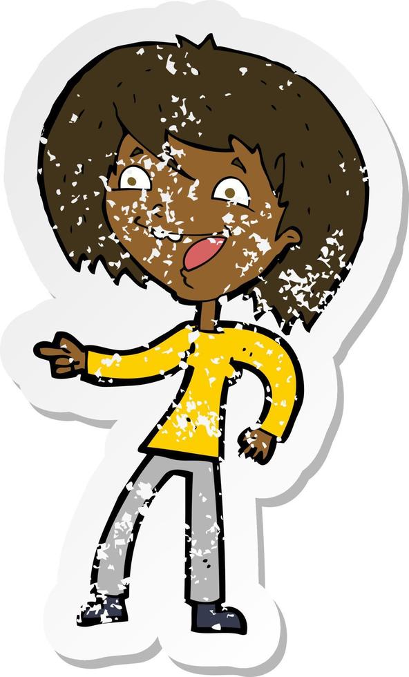 retro distressed sticker of a cartoon woman laughing and pointing vector