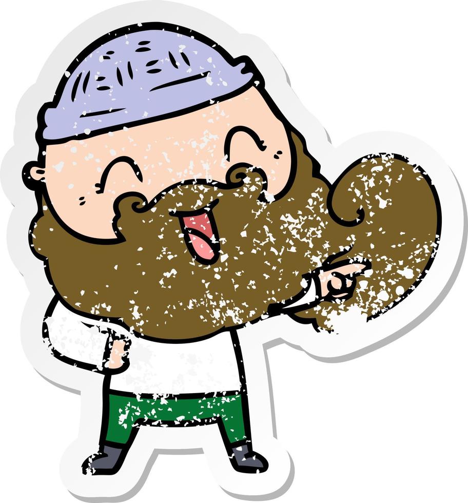 distressed sticker of a happy man with beard and winter hat vector