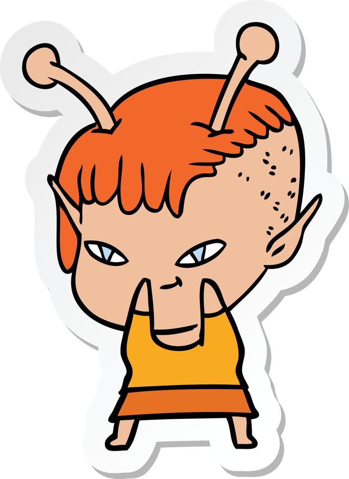 sticker of a cute cartoon alien girl vector