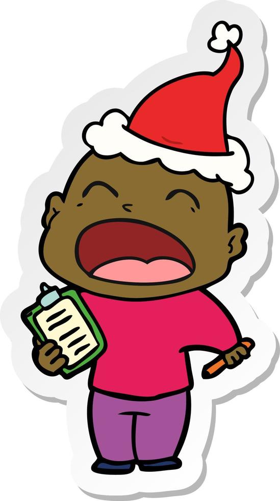 sticker cartoon of a shouting bald man wearing santa hat vector
