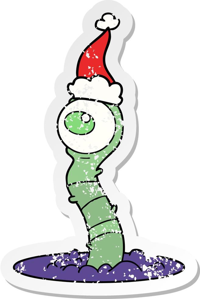 pegatina angustiada caricatura de un monstruo alienígena del pantano con gorro de Papá Noel vector