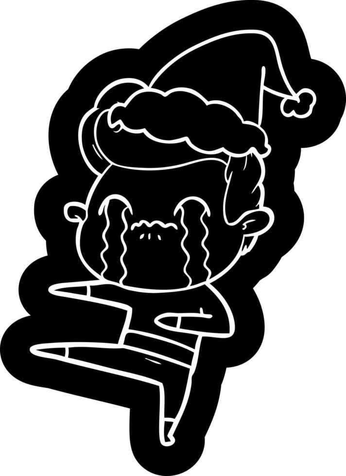 cartoon icon of a man crying wearing santa hat vector