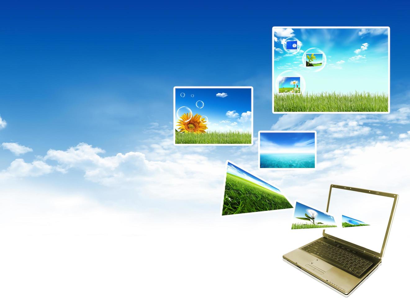 Multimedia concept with modern laptop on green field. photo