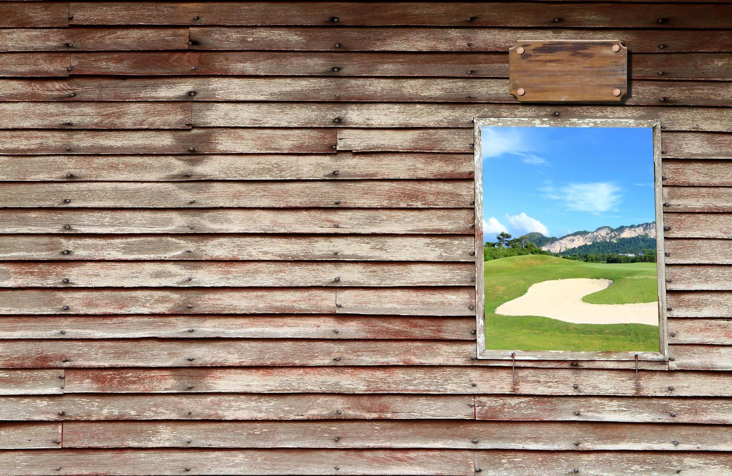 an wooden door with a window and cloudy sky photo