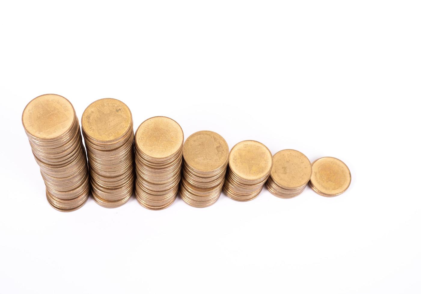 Savings, increasing columns of gold coins isolated on white background photo