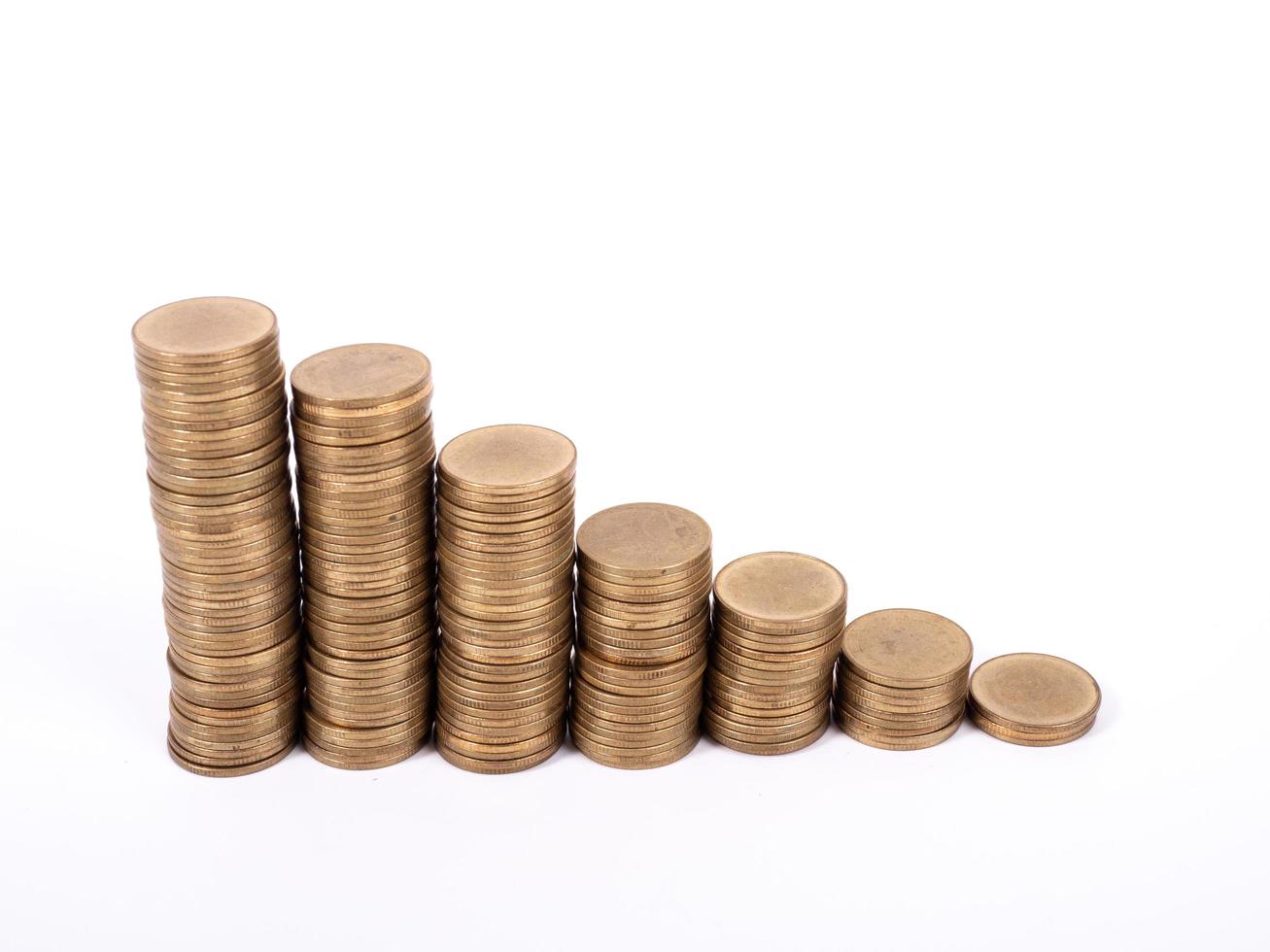 Savings, increasing columns of gold coins isolated on white background photo