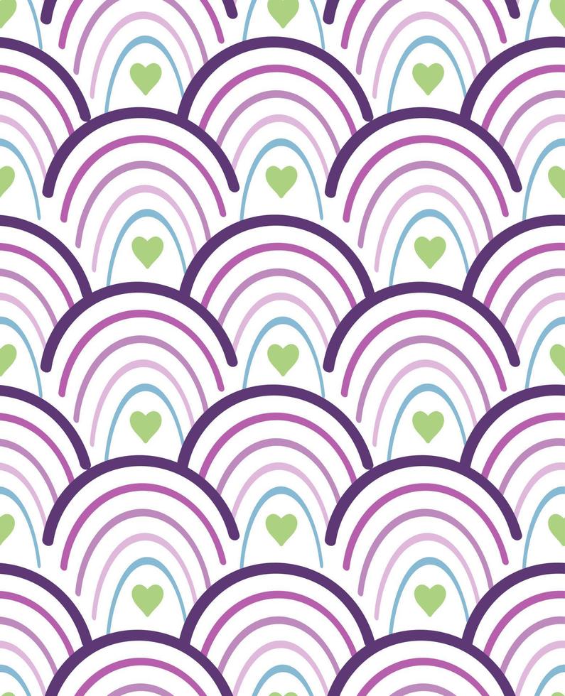 Joyful bright pattern. Multicolored arcs on a seamless background. Cute fantastic rainbows with hearts. vector
