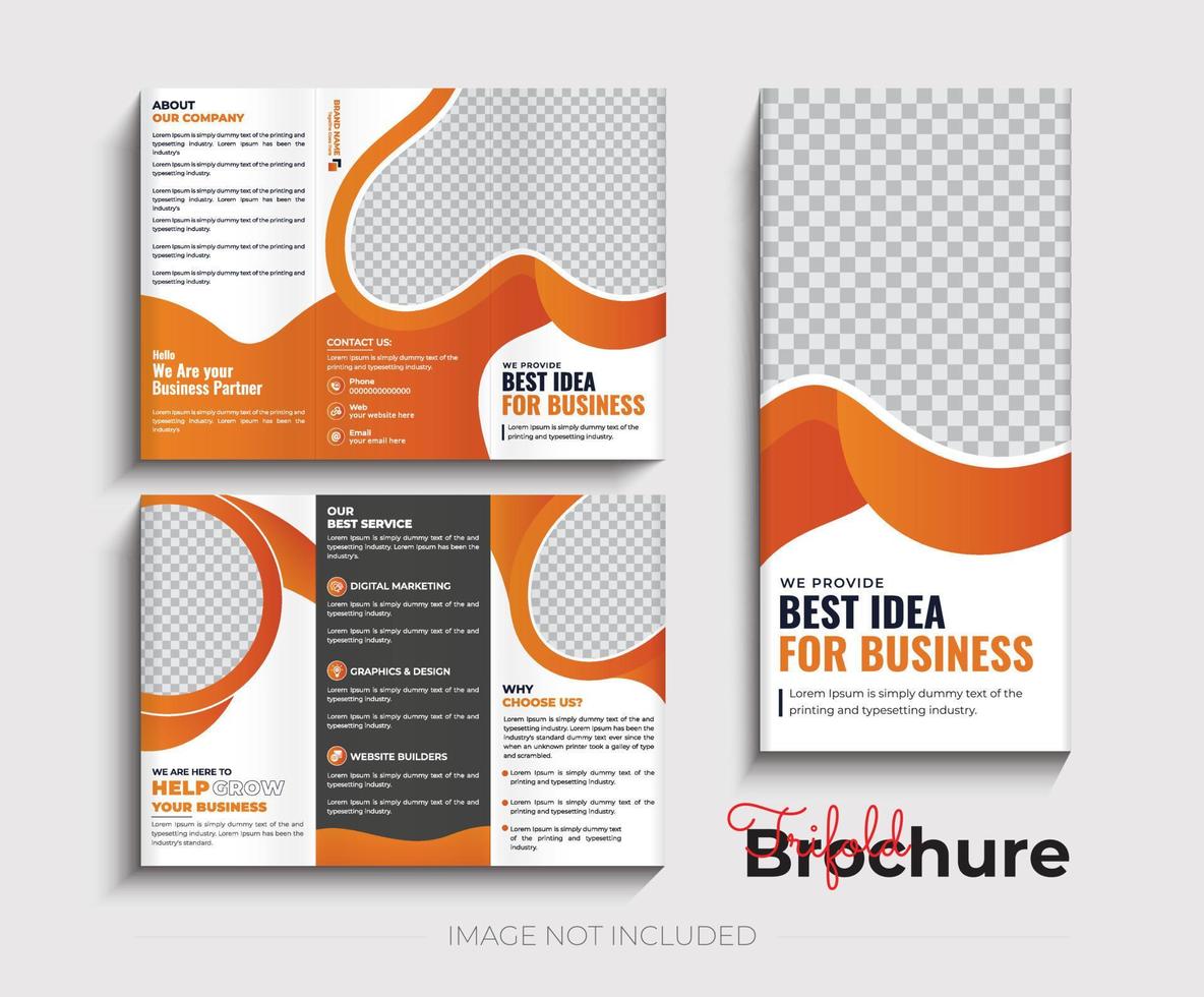 Tri fold yellow brochure design with square and abstract shapes, corporate business template vector